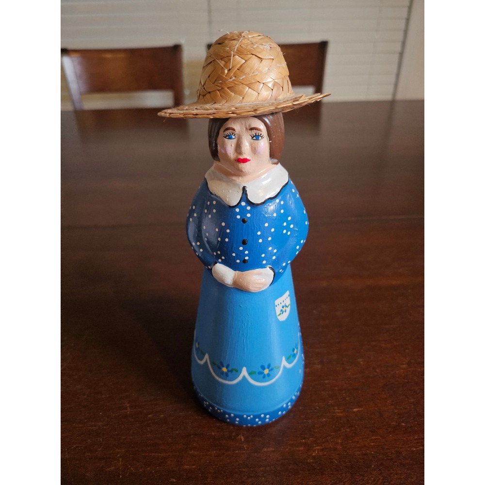 Handmade P. Flatt Folk Art Figurine Woman Blue Small Polka Dot Straw Hat Signed